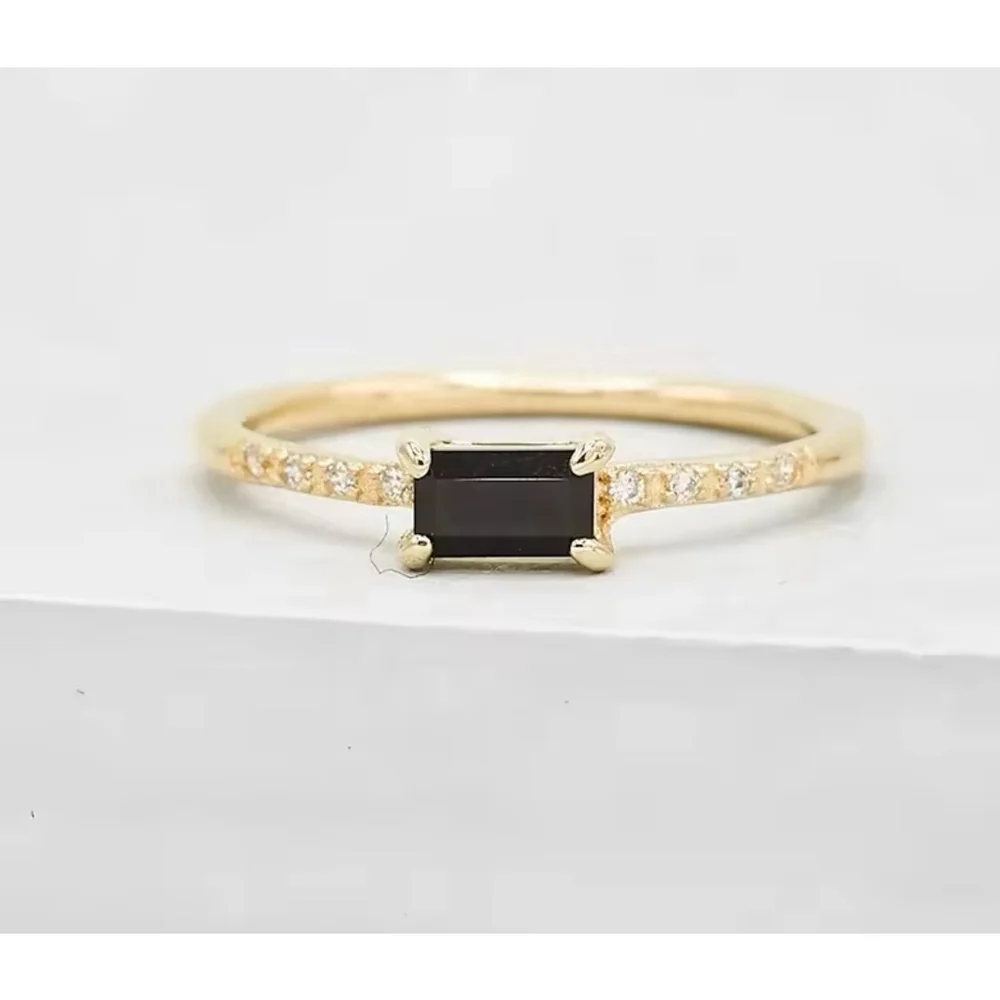 NEW Women's‎ 18k Gold Plated Sterling Baguette Black Onyx Simulated Diamond Ring
